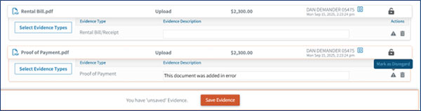 Screenshot of evidence types